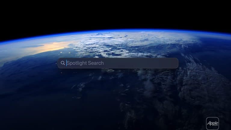 A search bar labeled "Spotlight Search" appears over an image of Earth from space, showing clouds and a visible sunrise at the horizon. An Apple logo is in the lower right, highlighting the powerful Spotlight calculator feature.