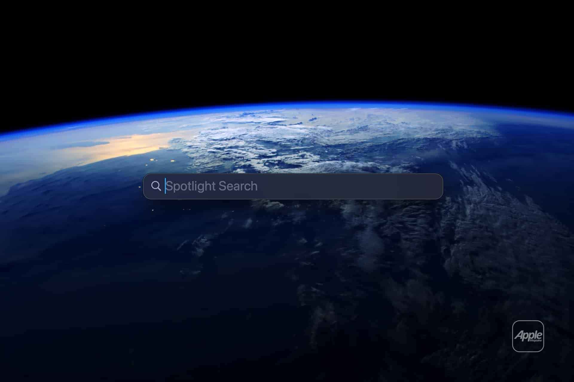 A search bar labeled "Spotlight Search" appears over an image of Earth from space, showing clouds and a visible sunrise at the horizon. An Apple logo is in the lower right, highlighting the powerful Spotlight calculator feature.