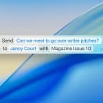 A digital message draft reads: "Can we meet to go over writer pitches?" to "Jenny Court" with "Magazine Issue 10" on a blurred blue and yellow background, hinting at the use of Spotlight shortcuts for quick access.