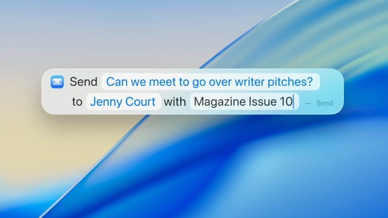 A digital message draft reads: "Can we meet to go over writer pitches?" to "Jenny Court" with "Magazine Issue 10" on a blurred blue and yellow background, hinting at the use of Spotlight shortcuts for quick access.