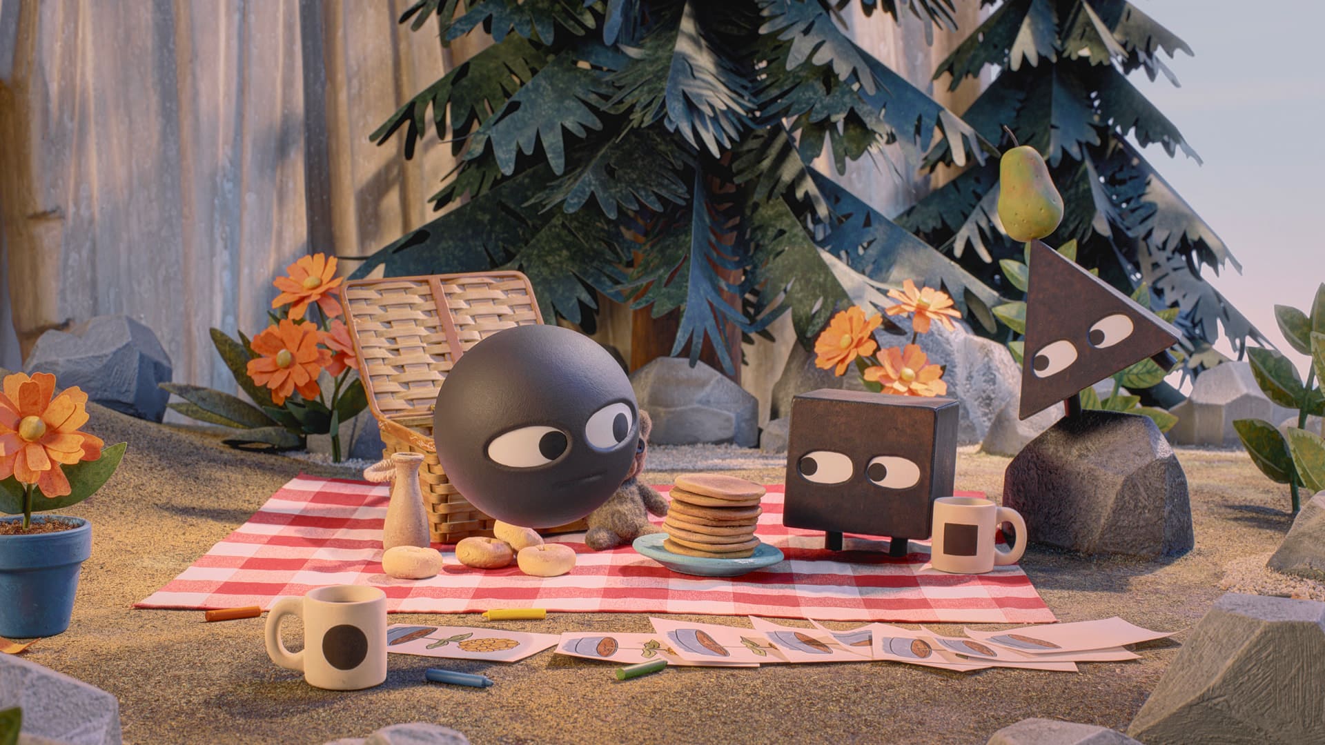 Three cartoon shapes—a sphere, a square, and a triangle—sit on a red checkered picnic blanket in a forest, enjoying mugs, pancakes, and drawings—just the kind of scene worthy of Apple TV nominations or even the 86th Annual Peabody Awards.
