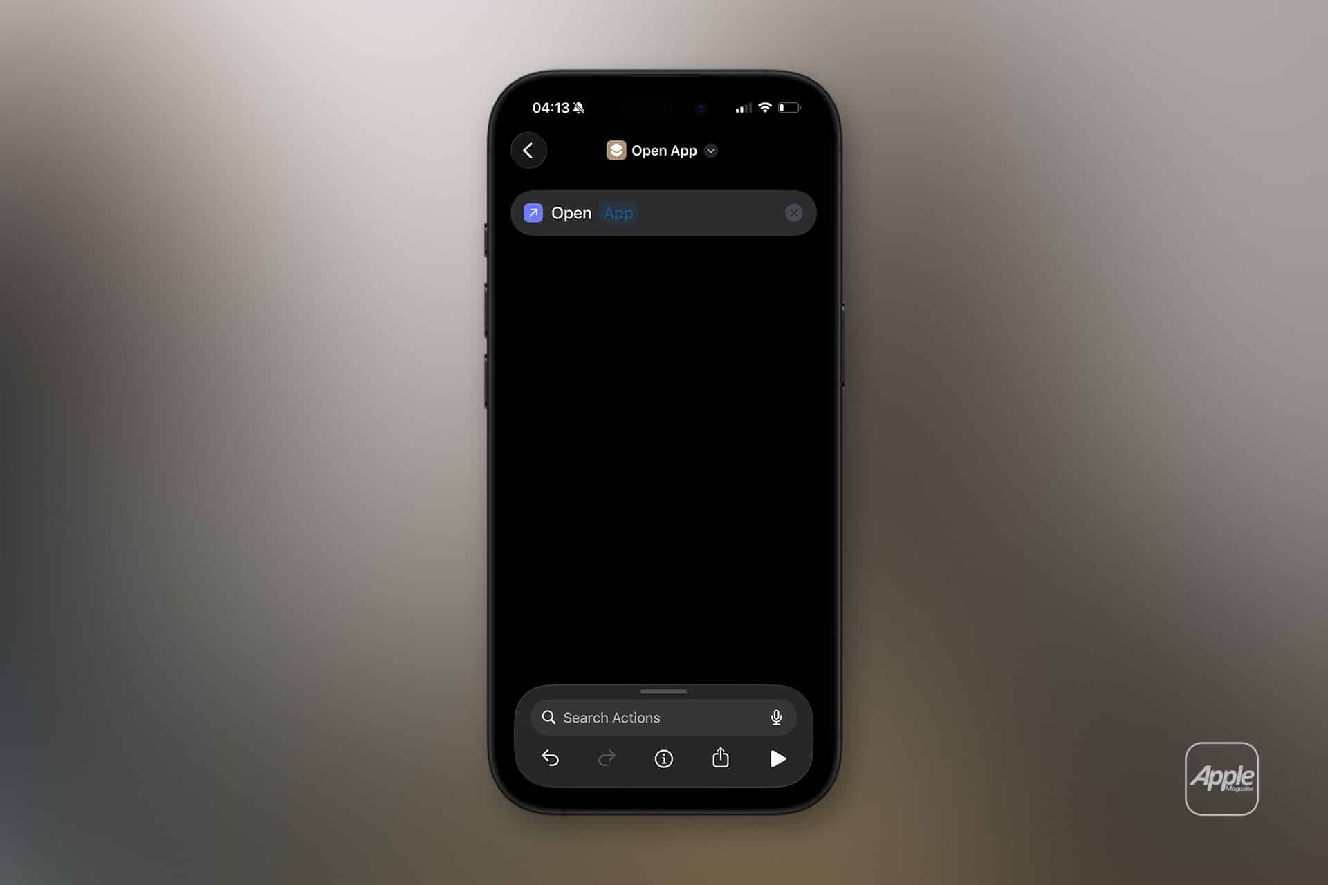 An iPhone screen displays the Shortcuts app with the "Open App" action selected, ideal for quickly accessing Safari web apps. The background is blurred and features a small Apple logo in the lower right corner.