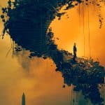 A person stands on a crumbling, spiral staircase made of debris, suspended in midair against an orange, smoky sky—echoing the surreal and dreamlike atmosphere of Silo Season 3, with distant structures barely visible in the background.