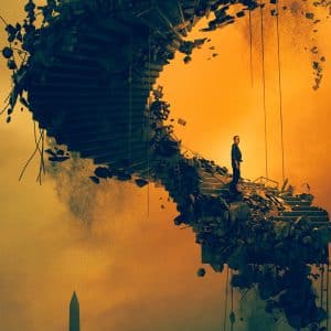 A person stands on a crumbling, spiral staircase made of debris, suspended in midair against an orange, smoky sky—echoing the surreal and dreamlike atmosphere of Silo Season 3, with distant structures barely visible in the background.