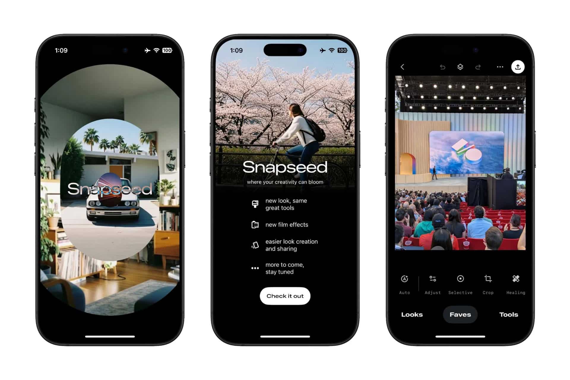 Three smartphone screens display the Snapseed app interface on iPhone, showcasing free tools to fix blurry photos, creative features on the welcome screen, and a photo editing workspace with various adjustment settings.