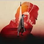 A woman in a coat and holding a briefcase walks on red steps, superimposed over a man's profile with headphones. A rocket launches in the background, evoking the futuristic energy of a Star City trailer within the scene's muted tones.