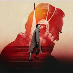 A woman in a coat and holding a briefcase walks on red steps, superimposed over a man's profile with headphones. A rocket launches in the background, evoking the futuristic energy of a Star City trailer within the scene's muted tones.