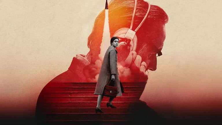 A woman in a coat and holding a briefcase walks on red steps, superimposed over a man's profile with headphones. A rocket launches in the background, evoking the futuristic energy of a Star City trailer within the scene's muted tones.