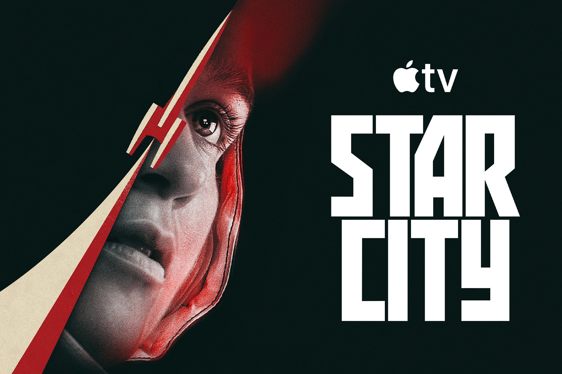 A dramatic poster for "Star City" on Apple TV features a close-up of a person's serious face, partially covered by a stylized red and white graphic, with bold text reading "STAR CITY" and a hint of the Star City trailer’s intense energy.
