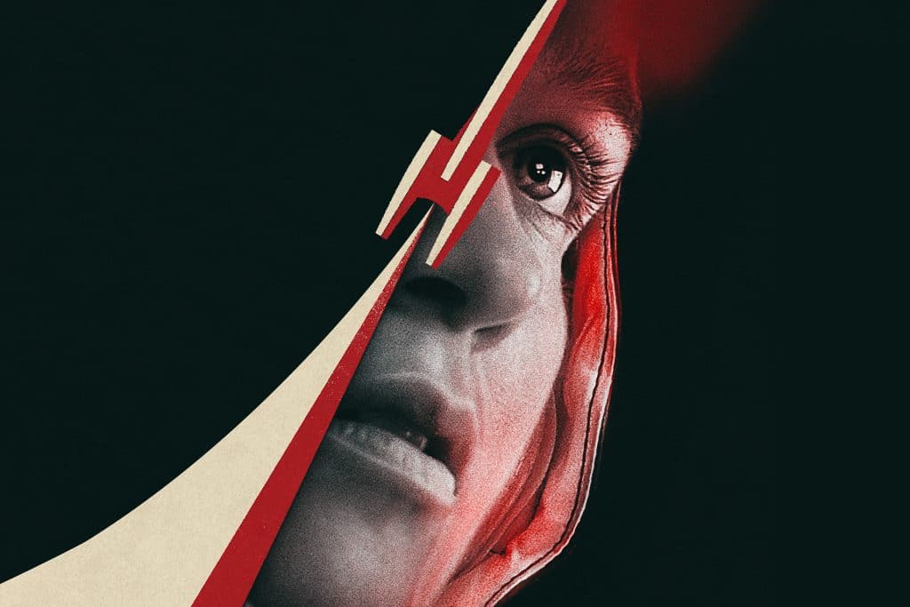 A dramatic, stylized image of a woman's face, partially revealed through a sharp, red and white graphic cutout, with intense lighting highlighting her eye and expression—like a scene from a Star City trailer—against a dark background.