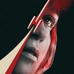 A dramatic, stylized image of a woman's face, partially revealed through a sharp, red and white graphic cutout, with intense lighting highlighting her eye and expression—like a scene from a Star City trailer—against a dark background.