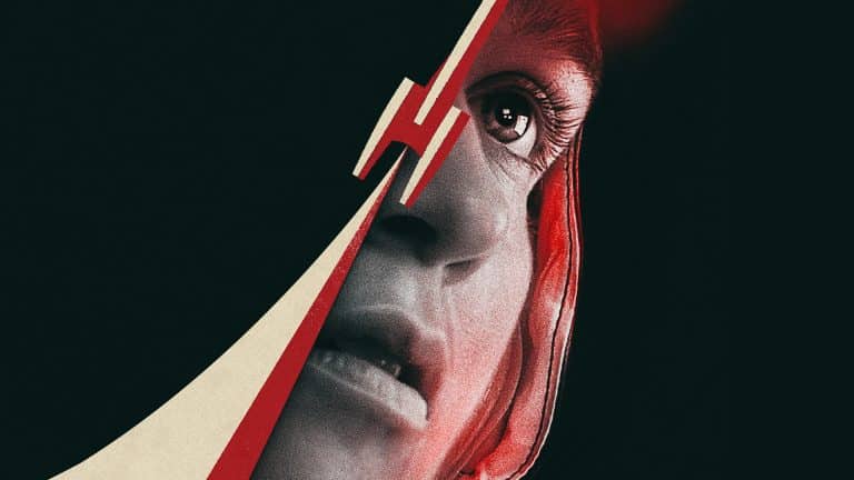 A dramatic, stylized image of a woman's face, partially revealed through a sharp, red and white graphic cutout, with intense lighting highlighting her eye and expression—like a scene from a Star City trailer—against a dark background.