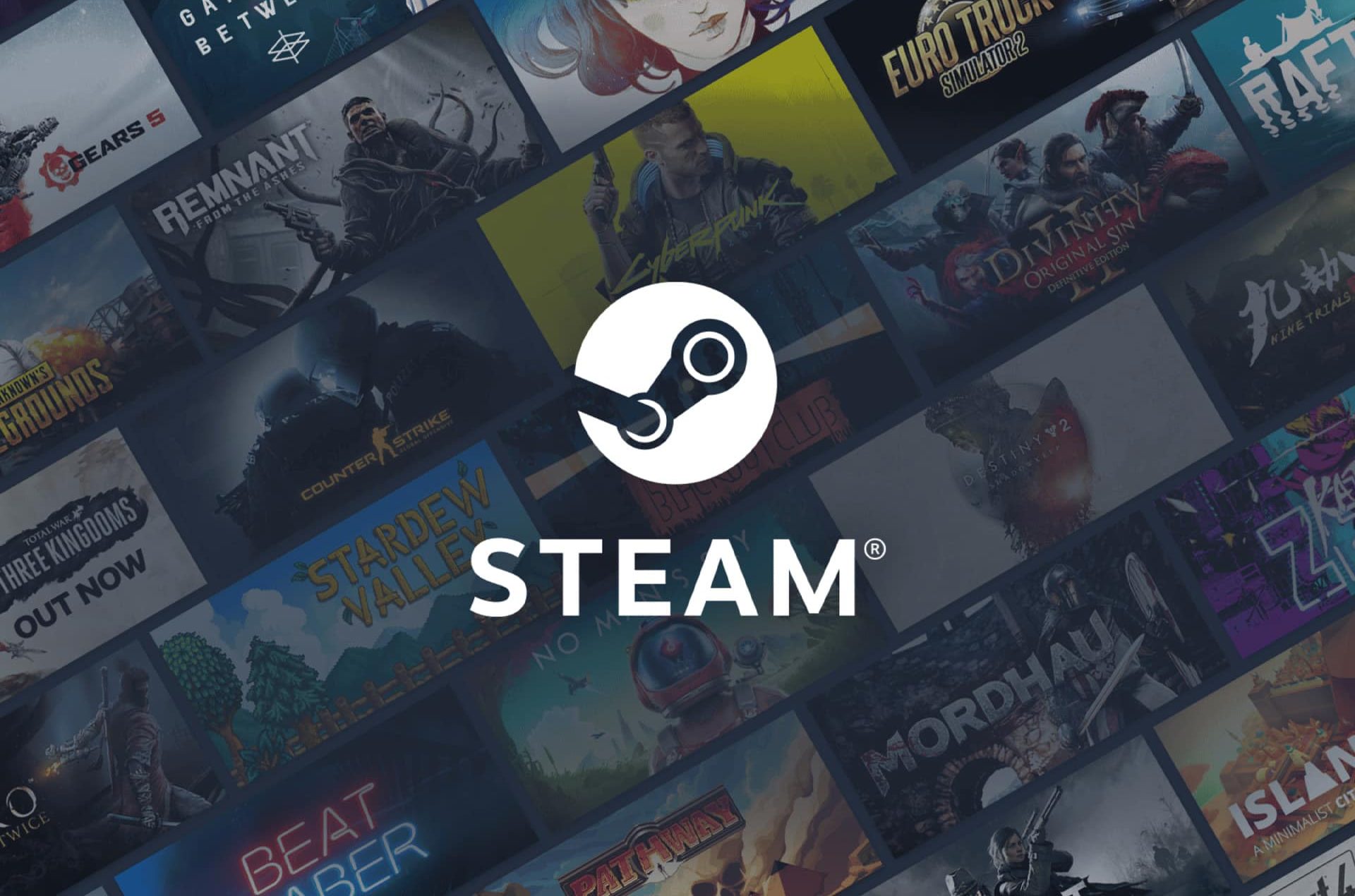 A collage of popular video game covers with the Steam logo, a white stylized gear and text “STEAM,” is centered over the background of colorful titles, highlighting Steam Link Vision Pro integration.