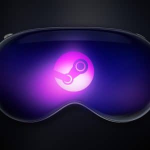 A pair of sleek, reflective VR goggles displays the Steam Link logo glowing in purple on the front, highlighting Vision Pro compatibility. The Apple logo appears in the lower right corner against a dark background.