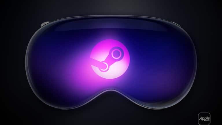 A pair of sleek, reflective VR goggles displays the Steam Link logo glowing in purple on the front, highlighting Vision Pro compatibility. The Apple logo appears in the lower right corner against a dark background.