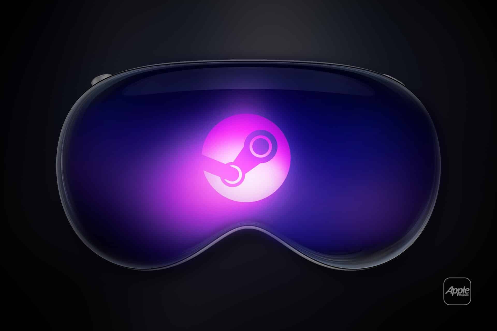 A pair of sleek, reflective VR goggles displays the Steam Link logo glowing in purple on the front, highlighting Vision Pro compatibility. The Apple logo appears in the lower right corner against a dark background.