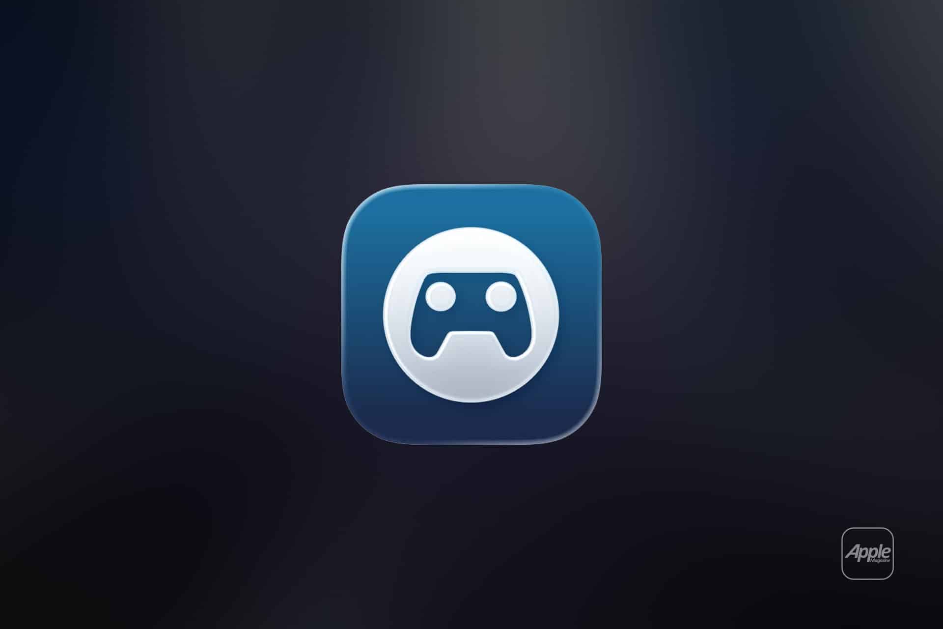 Steam Link Vision Pro - A blue rounded square icon with a white video game controller symbol in the center, set against a dark blurred background. The word "Apple" appears in a smaller bubble at the bottom right, hinting at Steam Link Vision Pro compatibility.
