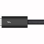 A close-up of a black braided USB-C Thunderbolt cable with a lightning bolt symbol on the connector, highlighting its high-speed capabilities. The white background accentuates the premium design found in modern Thunderbolt cables.