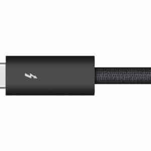 A close-up of a black braided USB-C Thunderbolt cable with a lightning bolt symbol on the connector, highlighting its high-speed capabilities. The white background accentuates the premium design found in modern Thunderbolt cables.