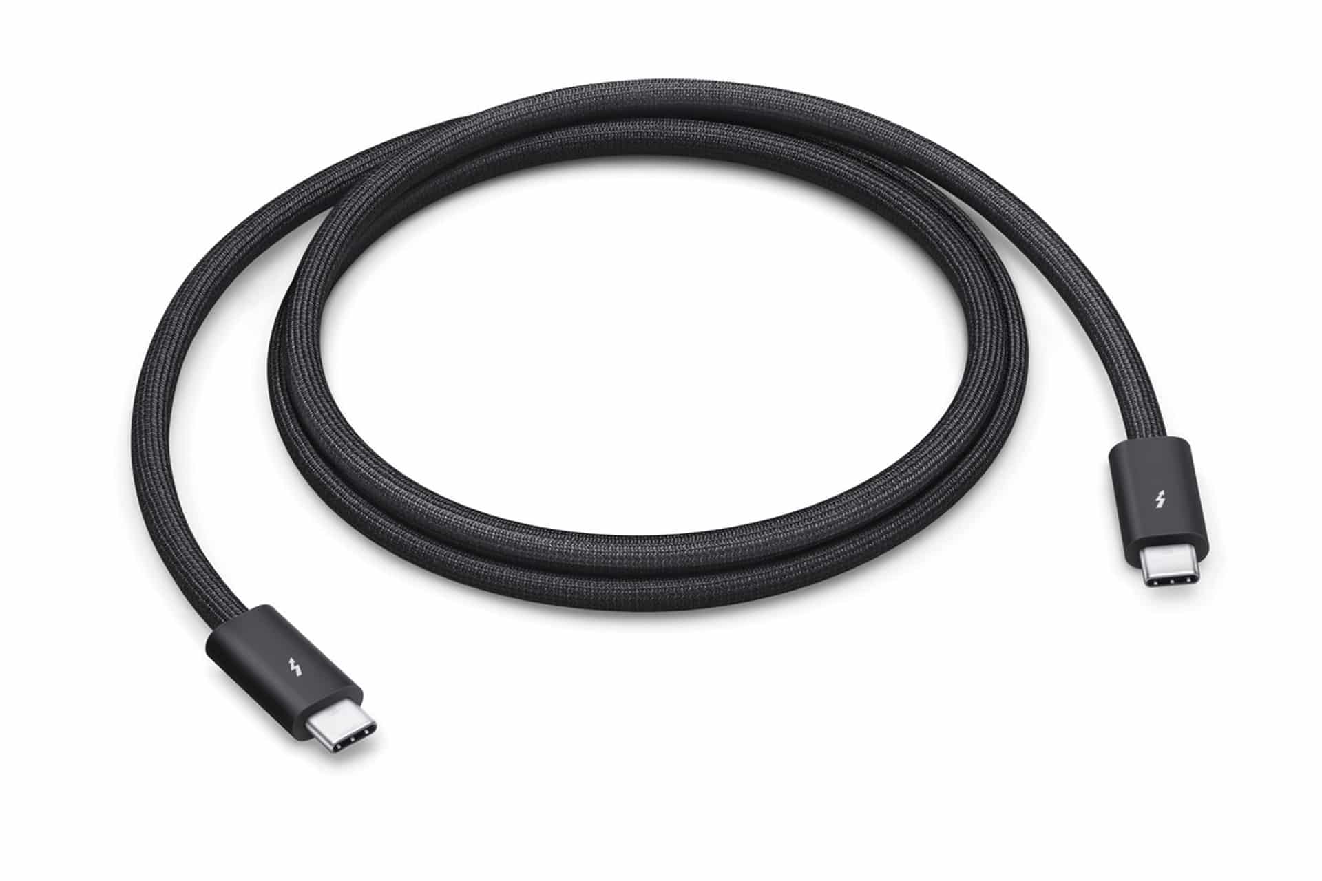 A black braided Thunderbolt cable, part of the latest Thunderbolt cables lineup, features USB-C connectors on both ends and is arranged in a loose coil on a white background.