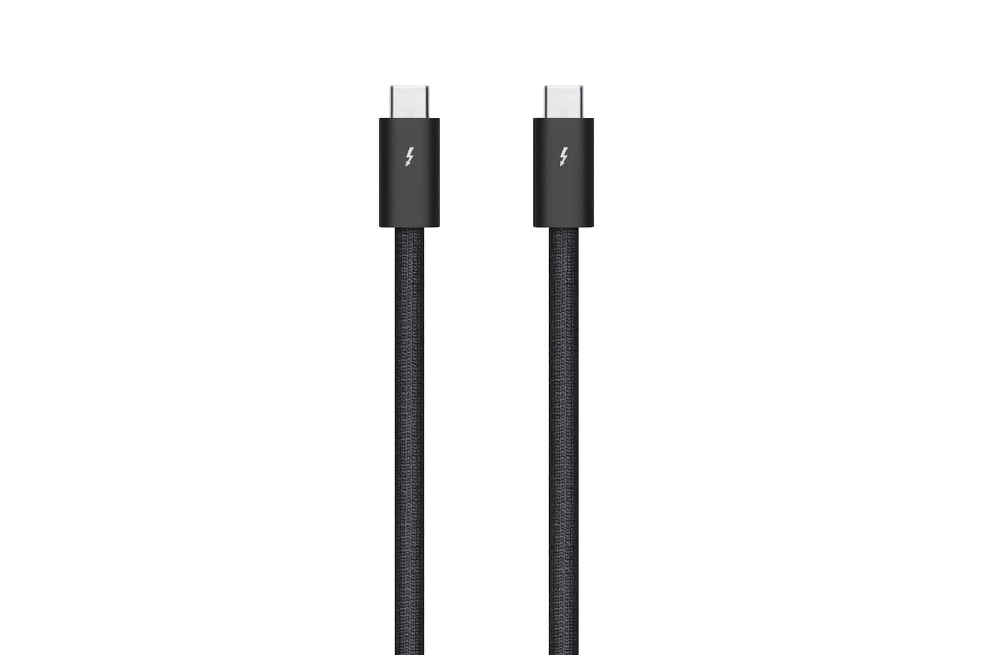 A black braided Thunderbolt cable with USB-C connectors on both ends, each marked with a lightning bolt symbol, shown against a white background.