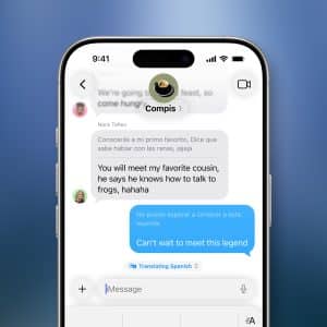 A smartphone screen displays a text conversation in a messaging app, where language translation helps the user reply in English and Spanish about meeting a cousin who knows how to talk to frogs.