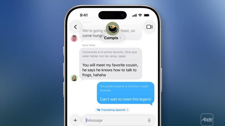A smartphone screen displays a text conversation in a messaging app, where language translation helps the user reply in English and Spanish about meeting a cousin who knows how to talk to frogs.