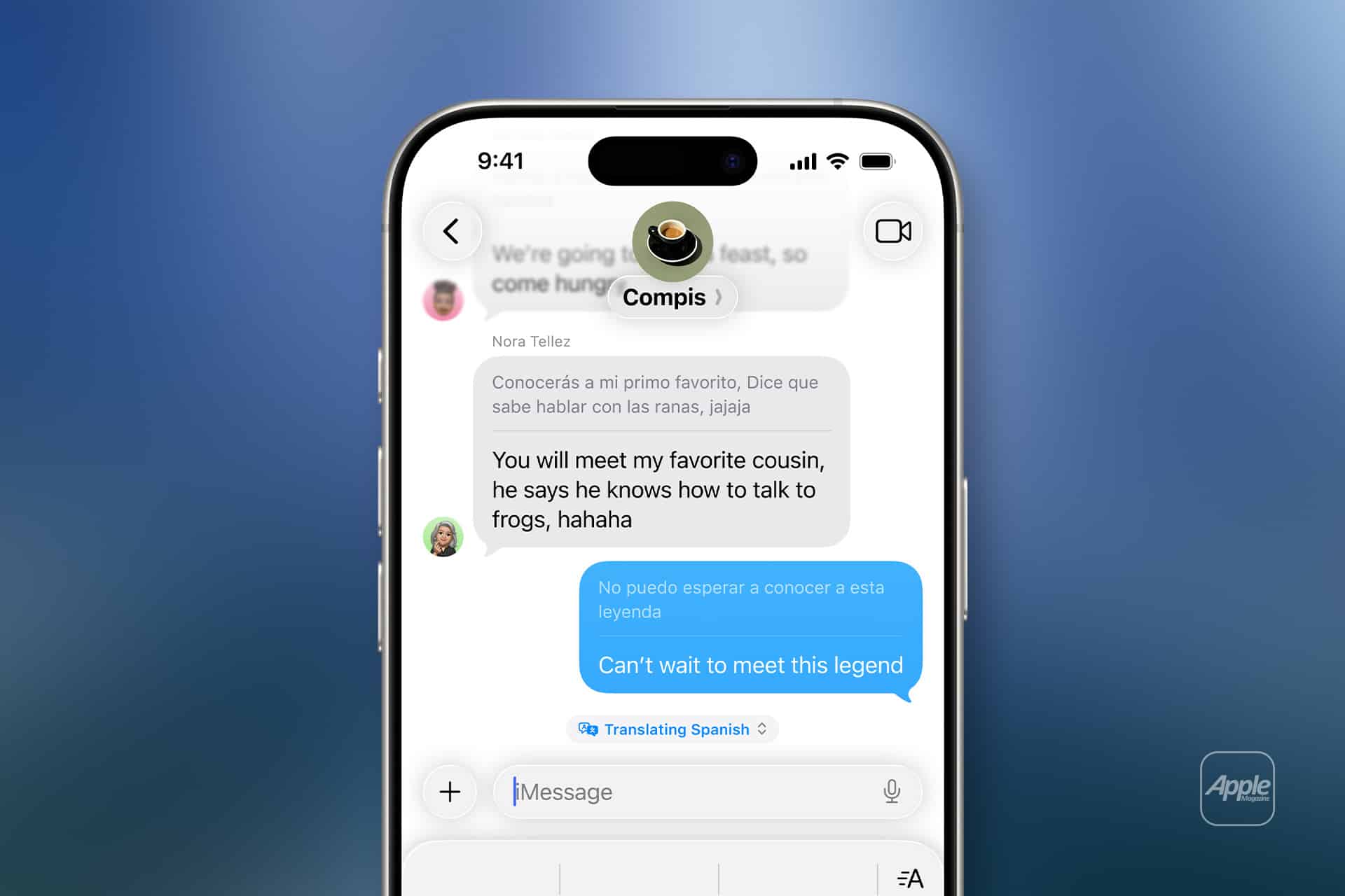 A smartphone screen displays a text conversation in a messaging app, where language translation helps the user reply in English and Spanish about meeting a cousin who knows how to talk to frogs.