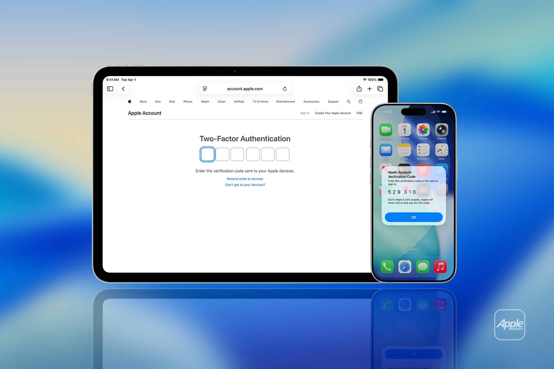 An iPad displays an Apple Two-Factor Authentication code entry screen, while an iPhone beside it shows a verification code notification—highlighting the importance of protecting against an Apple Account scam—all set against a blue gradient background.