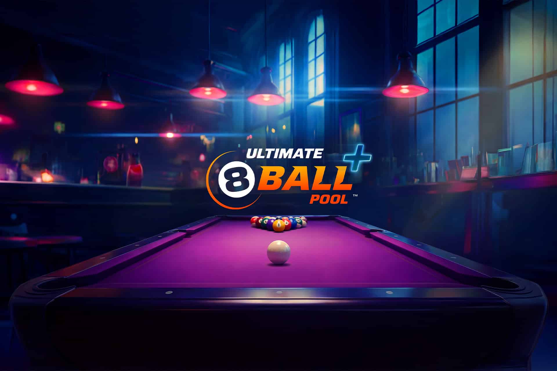 A purple pool table set for a game with balls racked and a cue ball in front, in a dimly lit bar with neon lights. The "Ultimate 8 Ball Pool" logo is centered above the table—now available on Apple Arcade.