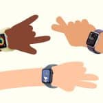 Three illustrated arms with different skin tones, each wearing an Apple Watch displaying various watch faces and bracelets—showcasing the fun of Apple Watch Family Setup—are posed in playful gestures against a light background.