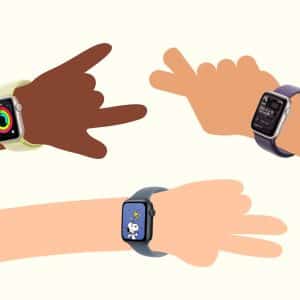Three illustrated arms with different skin tones, each wearing an Apple Watch displaying various watch faces and bracelets—showcasing the fun of Apple Watch Family Setup—are posed in playful gestures against a light background.