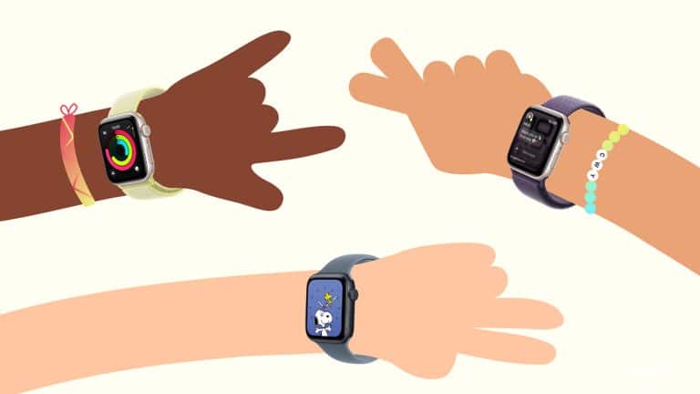 Three illustrated arms with different skin tones, each wearing an Apple Watch displaying various watch faces and bracelets—showcasing the fun of Apple Watch Family Setup—are posed in playful gestures against a light background.