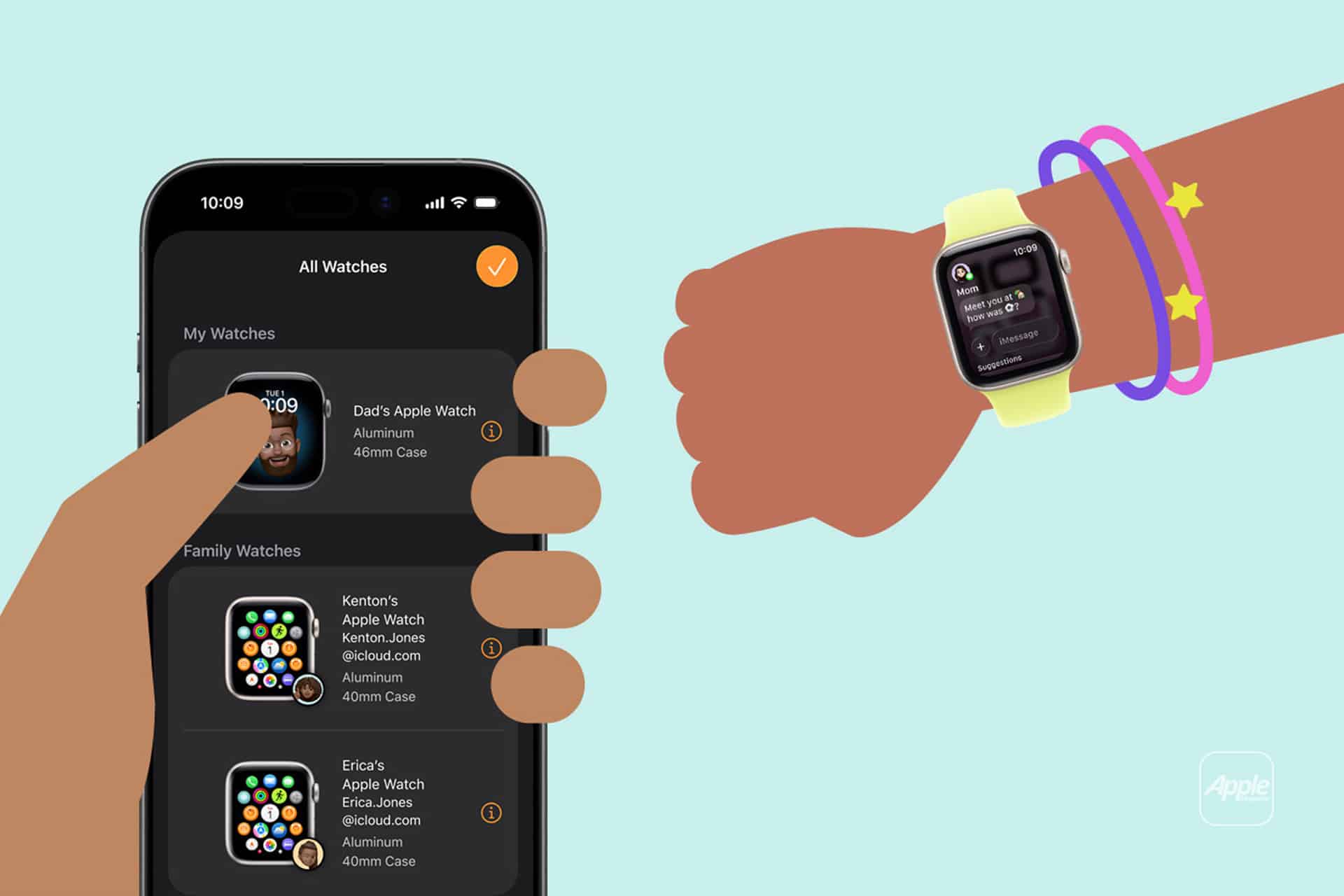 An illustration of a hand holding an iPhone displaying the Apple Watch Family Setup app, while another hand wears a yellow-banded Apple Watch for Kids and two colorful bracelets, with the Apple logo in the corner.