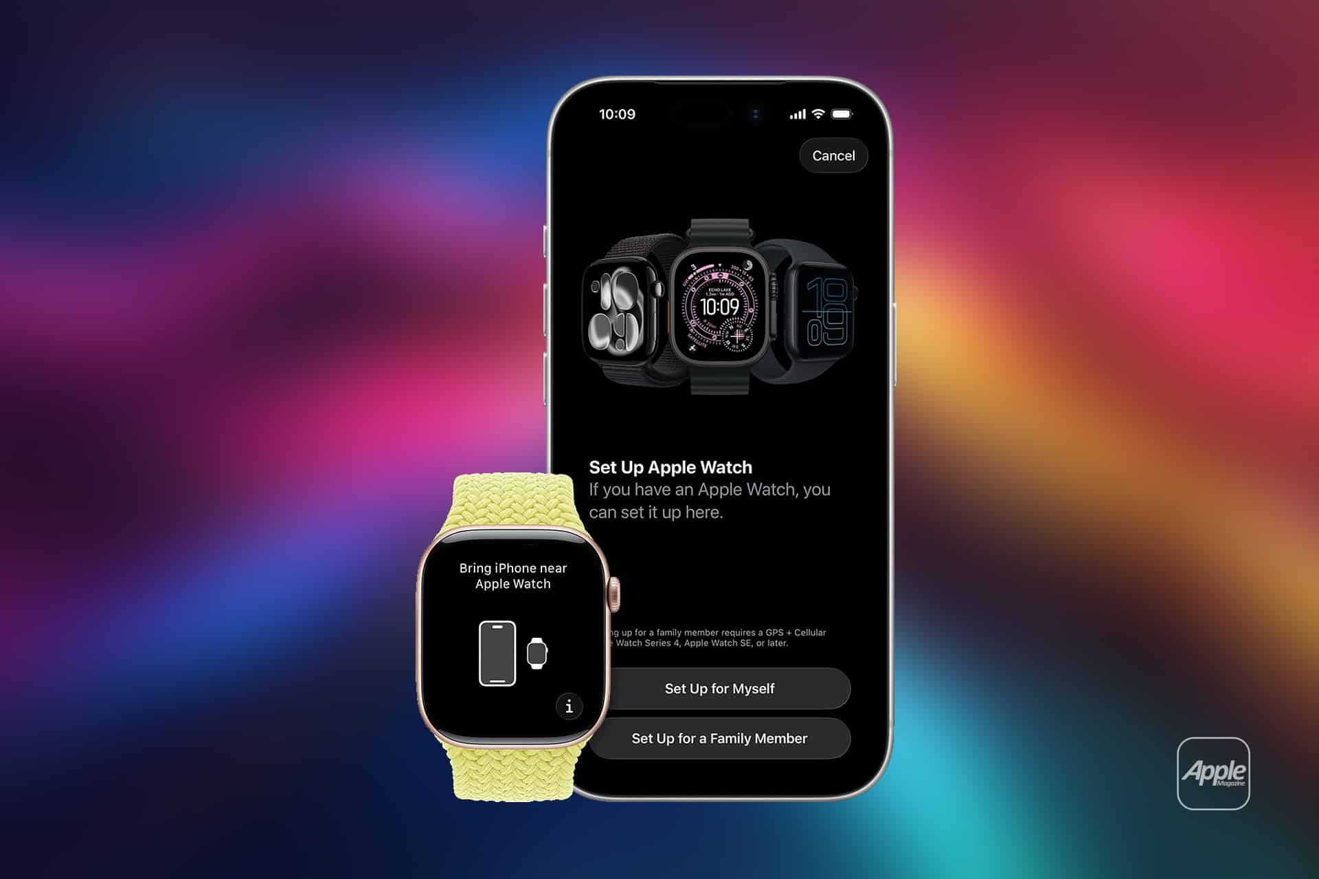 An iPhone displays the “Set Up Apple Watch” screen, while an Apple Watch with a yellow band prompts to bring the iPhone nearby—perfect for Apple Watch Family Setup or using Apple Watch for Kids. The background features a blurred blue, pink, and yellow gradient.
