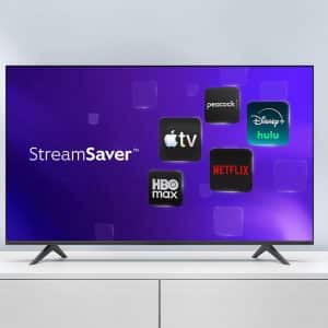 A flat-screen TV displays the StreamSaver logo and icons for Apple TV, HBO Max, Netflix, Peacock, Disney+, and Hulu against a purple background, highlighting the new Xfinity StreamSaver bundle. The TV sits on a white cabinet.