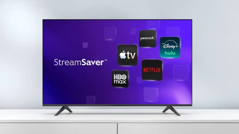 A flat-screen TV displays the StreamSaver logo and icons for Apple TV, HBO Max, Netflix, Peacock, Disney+, and Hulu against a purple background, highlighting the new Xfinity StreamSaver bundle. The TV sits on a white cabinet.