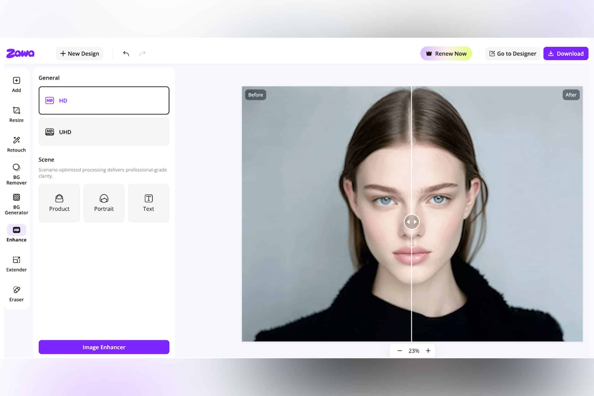 A digital interface on an iPhone shows a free app’s image enhancement tool with a split view of a woman’s portrait, displaying the “before” and “after” effects to fix blurry photos. Editing options and settings are visible on the left side of the screen.