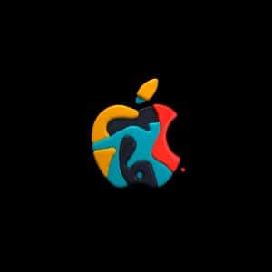 A colorful Apple logo made of abstract, clay-like shapes in yellow, blue, red, and black on a solid black background, symbolizing the creativity and diversity of the Apple workforce.