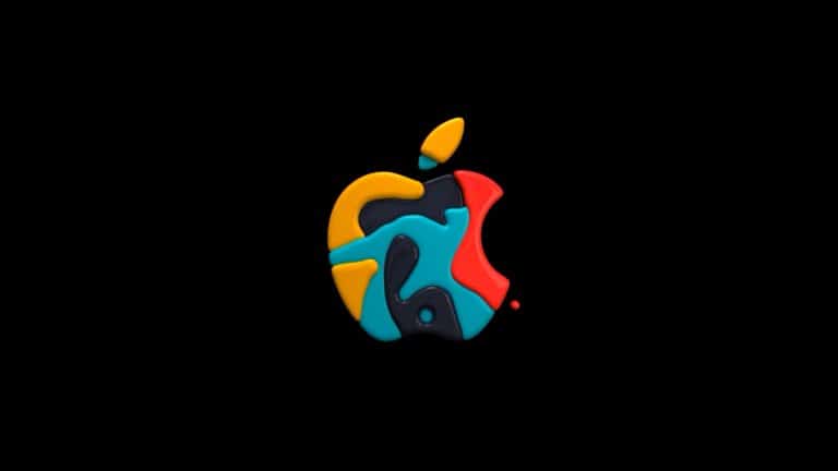 A colorful Apple logo made of abstract, clay-like shapes in yellow, blue, red, and black on a solid black background, symbolizing the creativity and diversity of the Apple workforce.