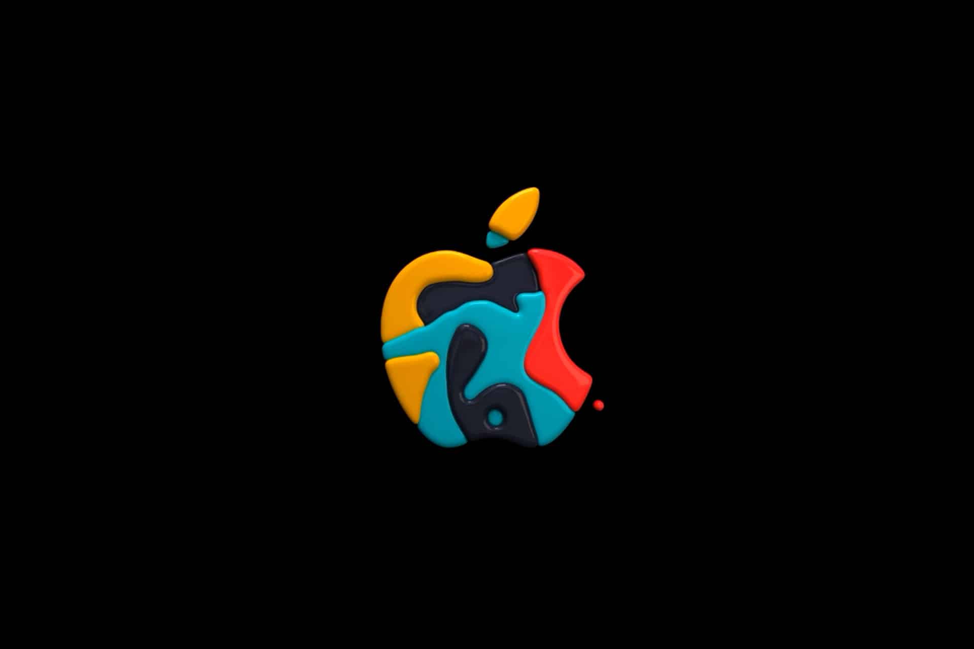 A colorful Apple logo made of abstract, clay-like shapes in yellow, blue, red, and black on a solid black background, symbolizing the creativity and diversity of the Apple workforce.