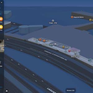 3D digital map of LaGuardia Airport using Apple Maps indoor tools shows terminal layout, nearby roads, and labeled spots like Dunkin’, Magnolia Bakery, and Chase ATM. A sidebar provides airport information and navigation options.