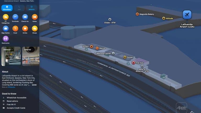 3D digital map of LaGuardia Airport using Apple Maps indoor tools shows terminal layout, nearby roads, and labeled spots like Dunkin’, Magnolia Bakery, and Chase ATM. A sidebar provides airport information and navigation options.