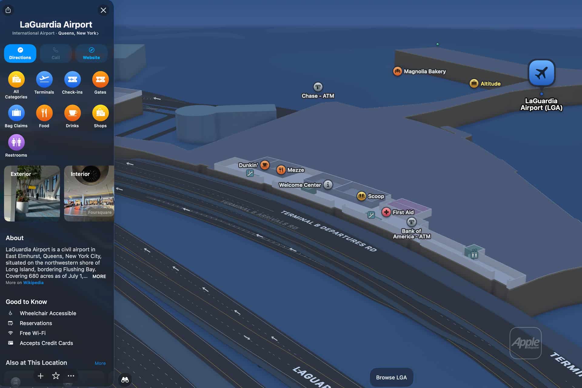 3D digital map of LaGuardia Airport using Apple Maps indoor tools shows terminal layout, nearby roads, and labeled spots like Dunkin’, Magnolia Bakery, and Chase ATM. A sidebar provides airport information and navigation options.
