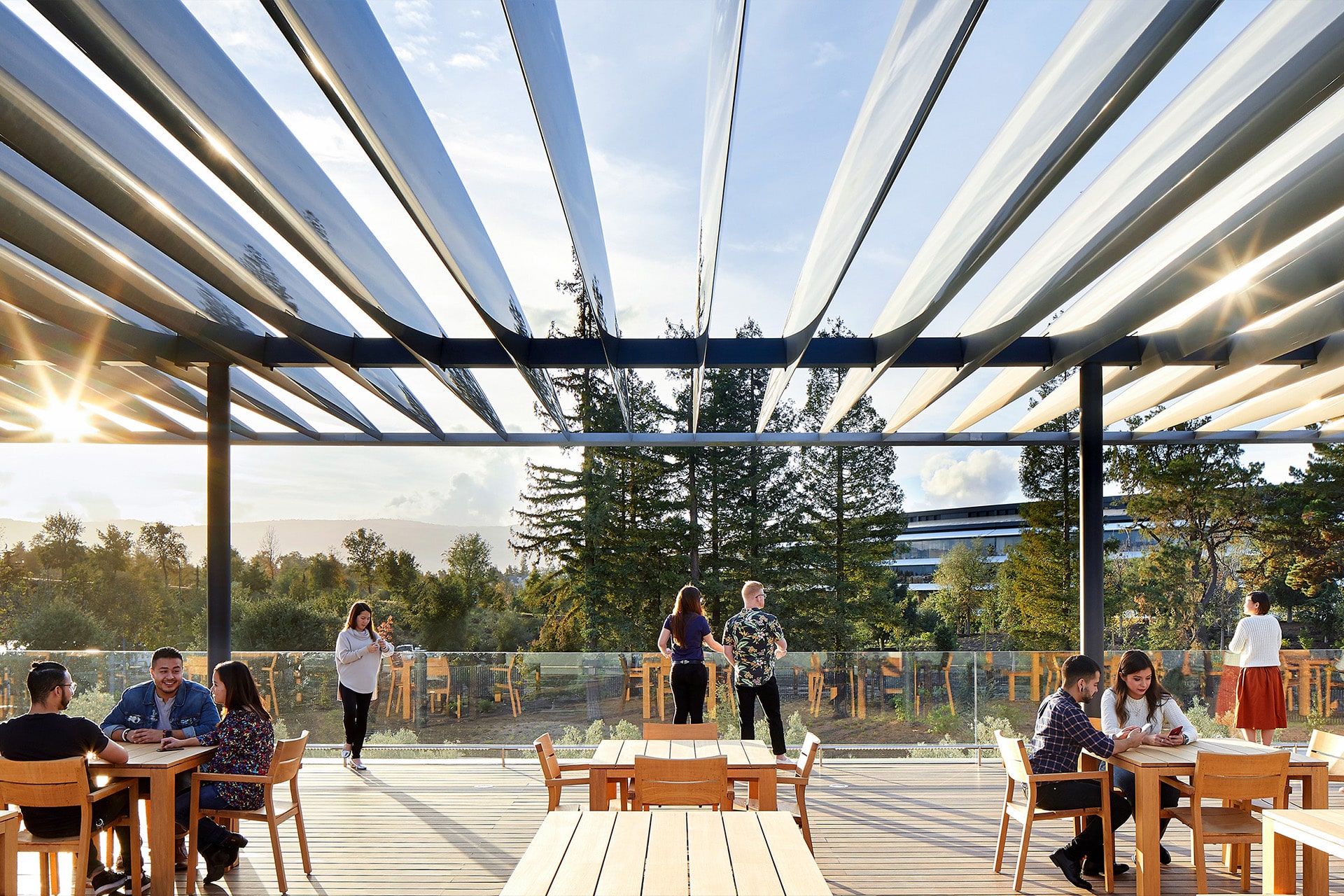 People are sitting and standing on a sunny outdoor patio at the Apple Park Visitor Center, with wooden tables and chairs under a modern pergola, surrounded by trees and a distant building, enjoying a relaxed atmosphere.