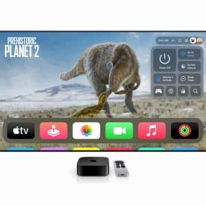 A flat-screen TV displays "Prehistoric Planet 2" featuring a woolly mammoth. Below the TV are an Apple TV device and remote, with the tvOS home screen and control center showing the Apple TV sleep timer option on the display.