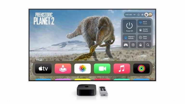 A flat-screen TV displays "Prehistoric Planet 2" featuring a woolly mammoth. Below the TV are an Apple TV device and remote, with the tvOS home screen and control center showing the Apple TV sleep timer option on the display.