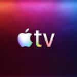 Apple TV logo with a glowing apple icon and the letters "tv" on a vibrant gradient background, shifting from orange to purple and blue—reflecting the dynamic spirit of Apple TV competition. The small Apple logo appears in the bottom right corner.