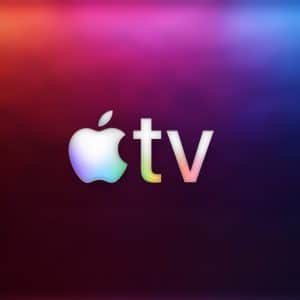 Apple TV logo with a glowing apple icon and the letters "tv" on a vibrant gradient background, shifting from orange to purple and blue—reflecting the dynamic spirit of Apple TV competition. The small Apple logo appears in the bottom right corner.