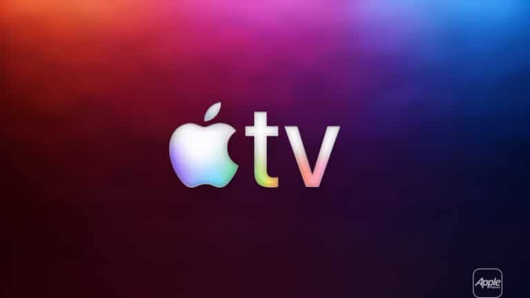 Apple TV logo with a glowing apple icon and the letters "tv" on a vibrant gradient background, shifting from orange to purple and blue—reflecting the dynamic spirit of Apple TV competition. The small Apple logo appears in the bottom right corner.